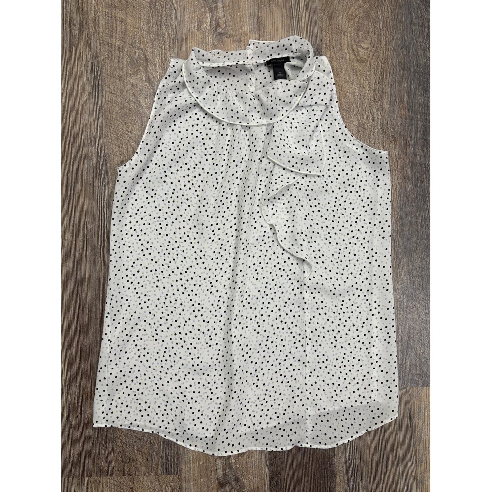 Ann Taylor Factory Polka Dot Ruffle Neck Sleeveless‎ Blouse White XS
